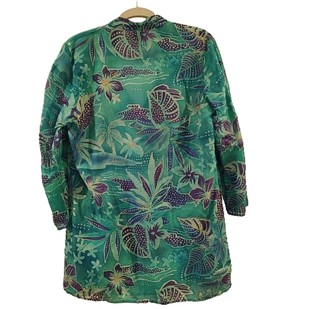 Boo Gems Tunic Top Green Purple Gold Floral Cotton Silk V-Neck Size L - Picture 10 of 12
